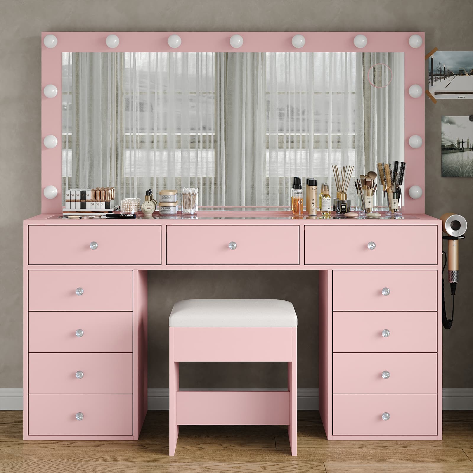 Vektaya US-VD015 Bedroom Makeup Vanity desk with LED Mirror, 11 Drawers-5