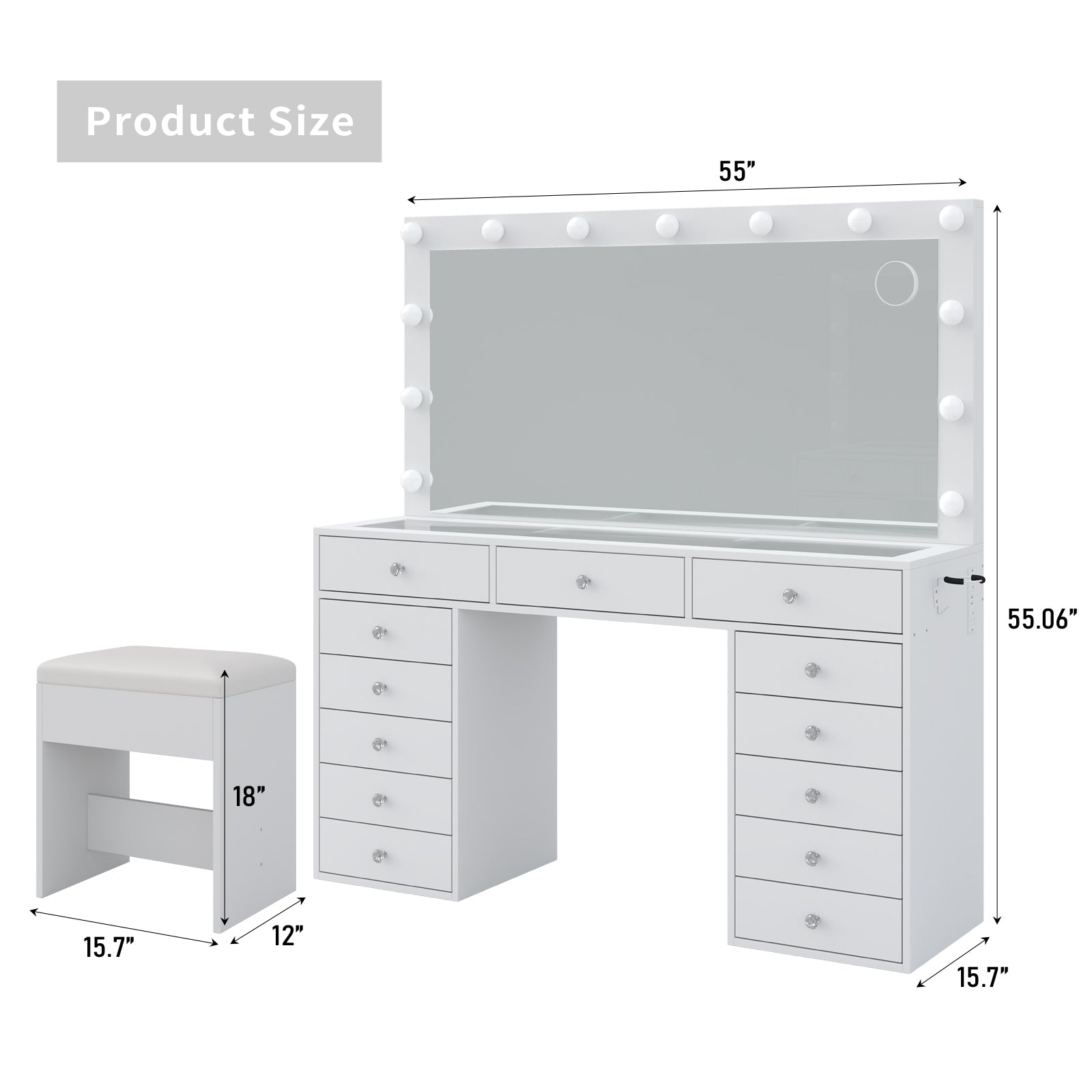 Vektaya US-VD016 Bedroom Makeup Vanity desk with LED Mirror, 13 Drawers
