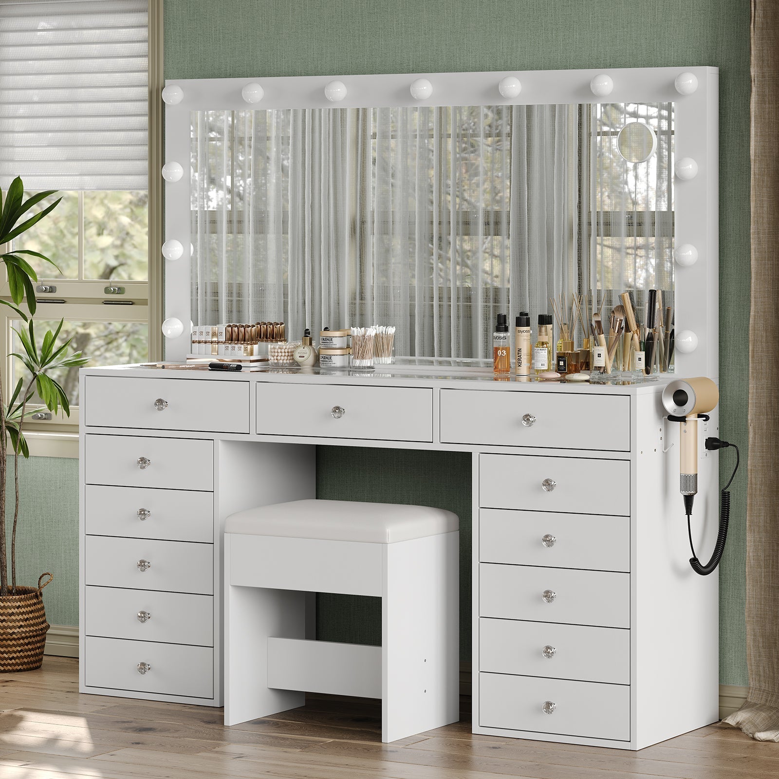 Vektaya US-VD016 Bedroom Makeup Vanity desk with LED Mirror, 13 Drawers