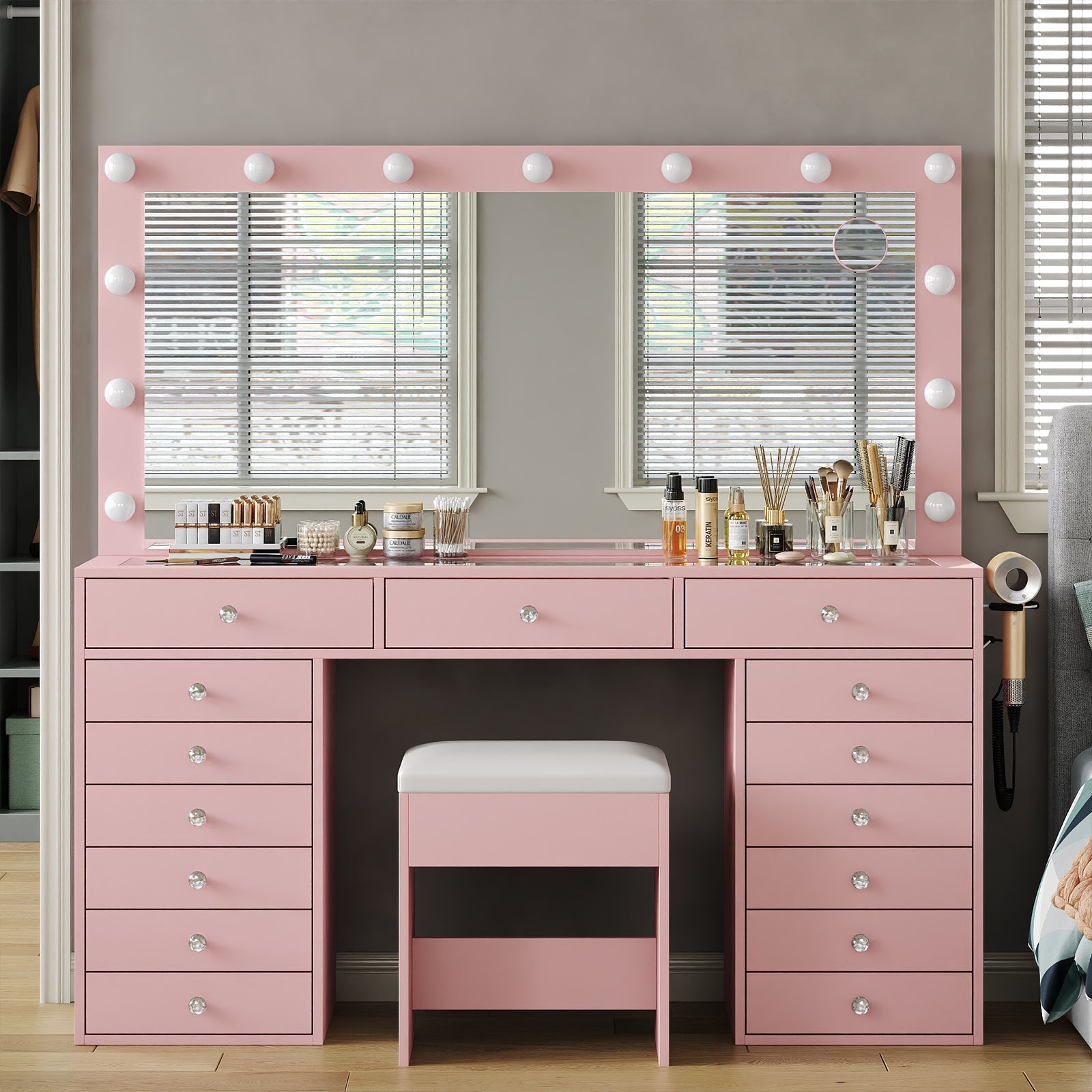 Vektaya US-VD017 Bedroom Makeup Vanity desk with LED Mirror, 15 Drawers