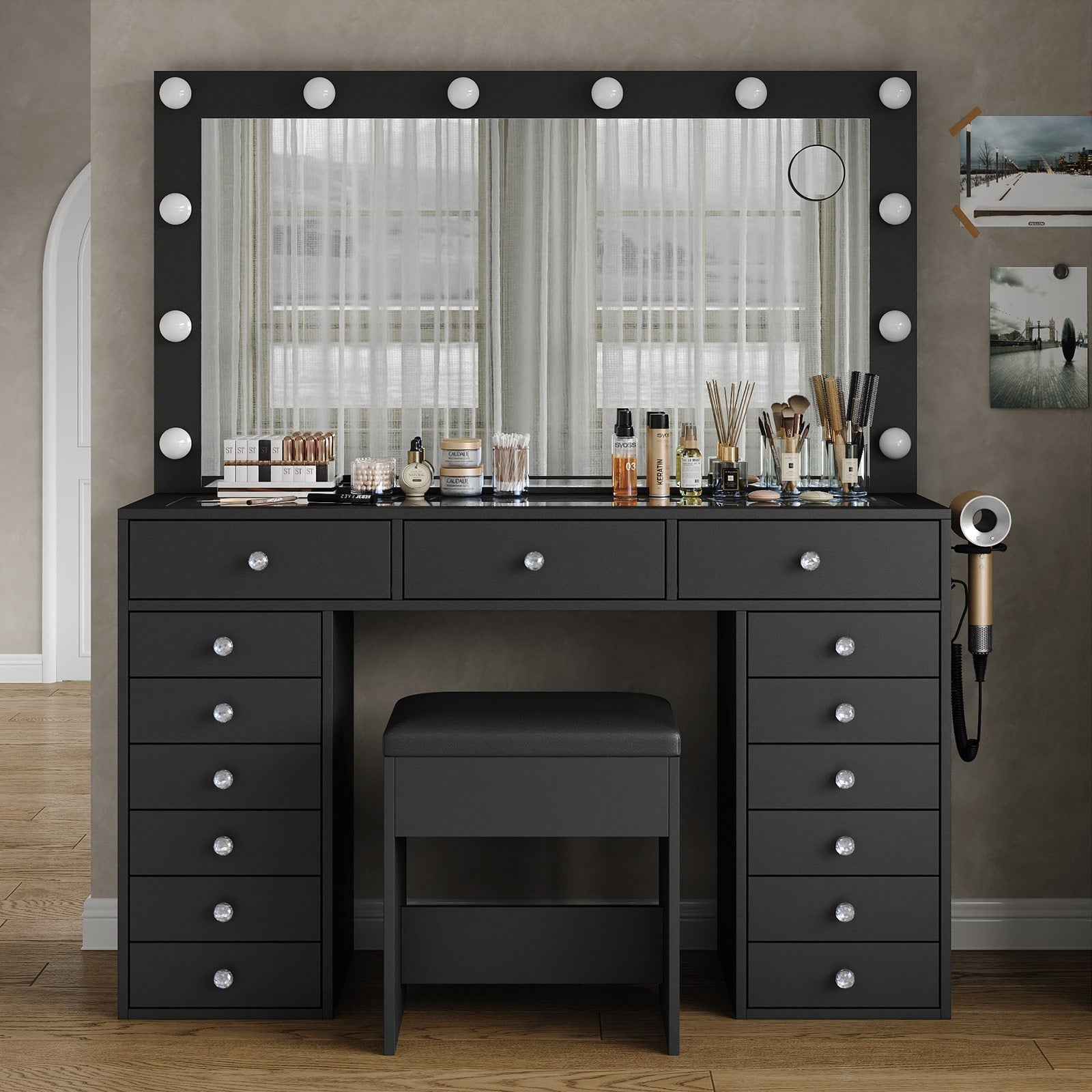 Vektaya US-VD019 Bedroom Makeup Vanity desk with LED Mirror, 15 Drawers