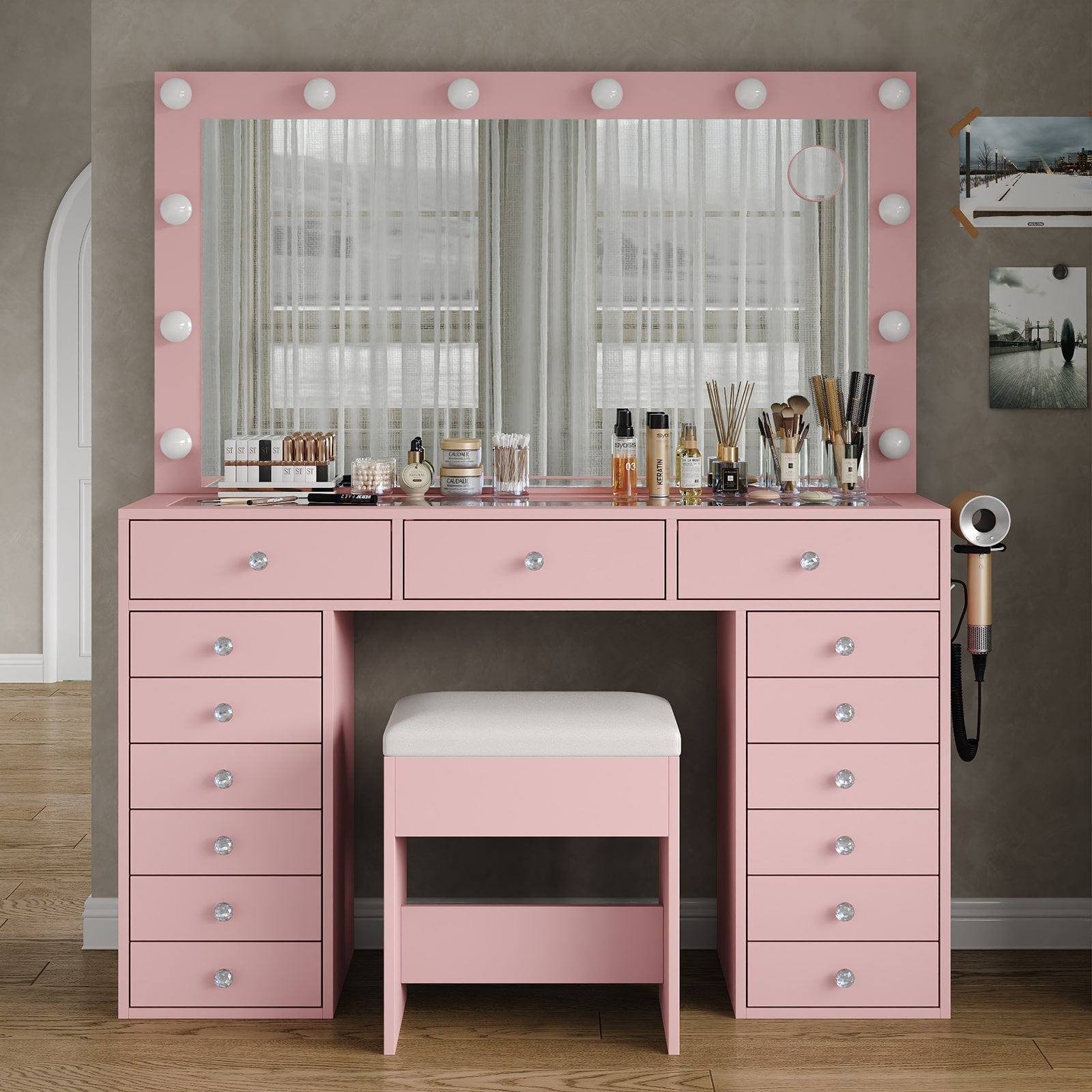 Vektaya US-VD019 Bedroom Makeup Vanity desk with LED Mirror, 15 Drawers
