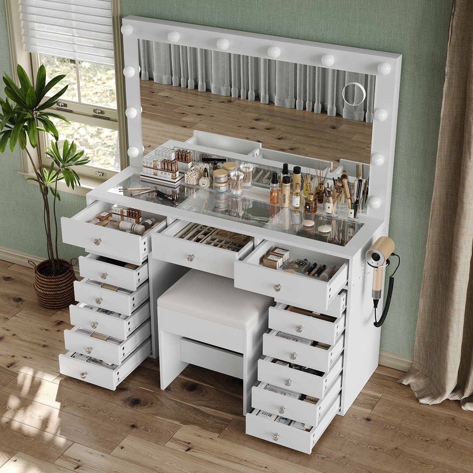 Vektaya US-VD019 Bedroom Makeup Vanity desk with LED Mirror, 15 Drawers