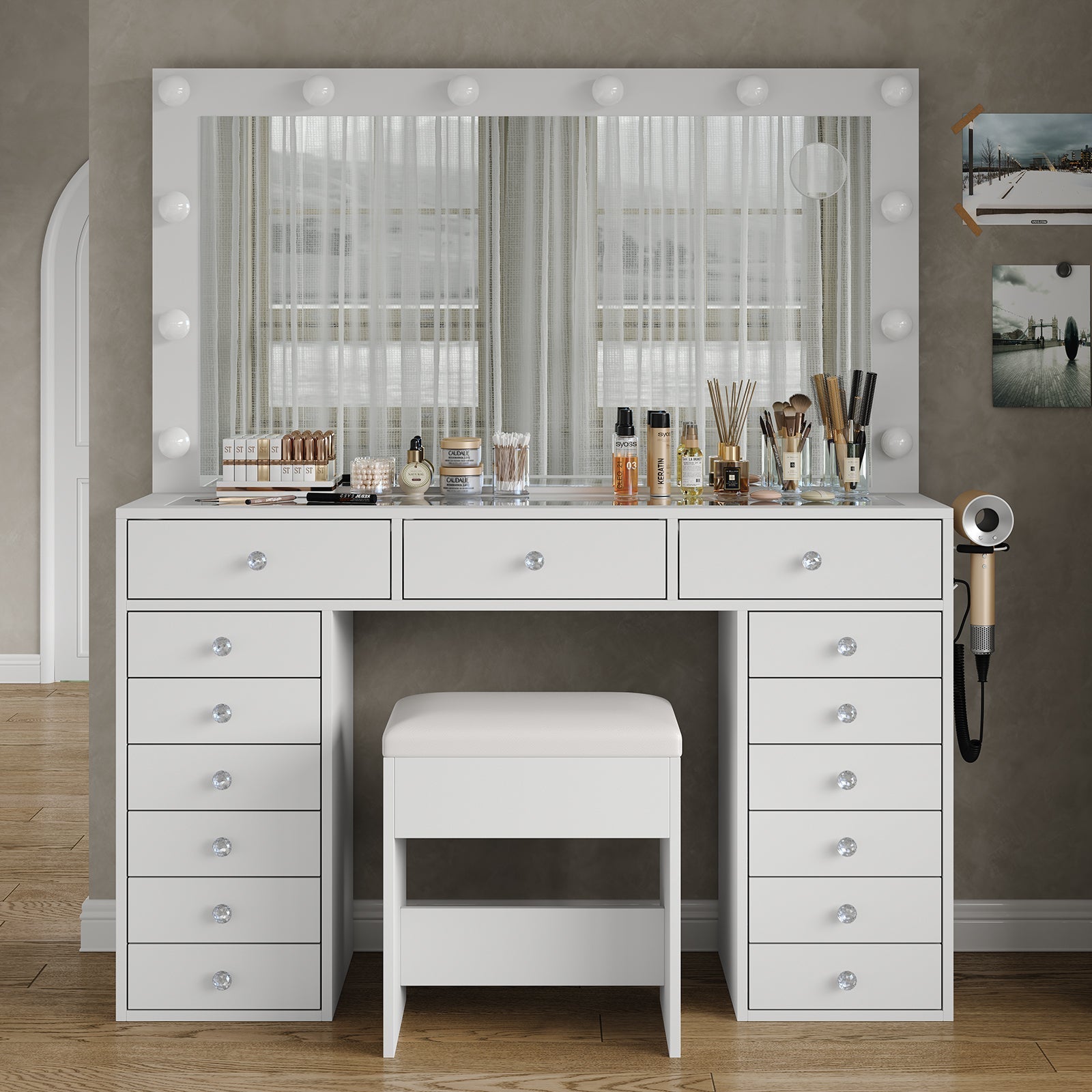 Vektaya US-VD019 Bedroom Makeup Vanity desk with LED Mirror, 15 Drawers