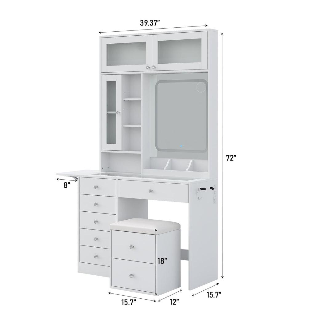Vektaya US-VD022 Vanity Desk with Mirror, Lights, Drawers, Stool, White-1