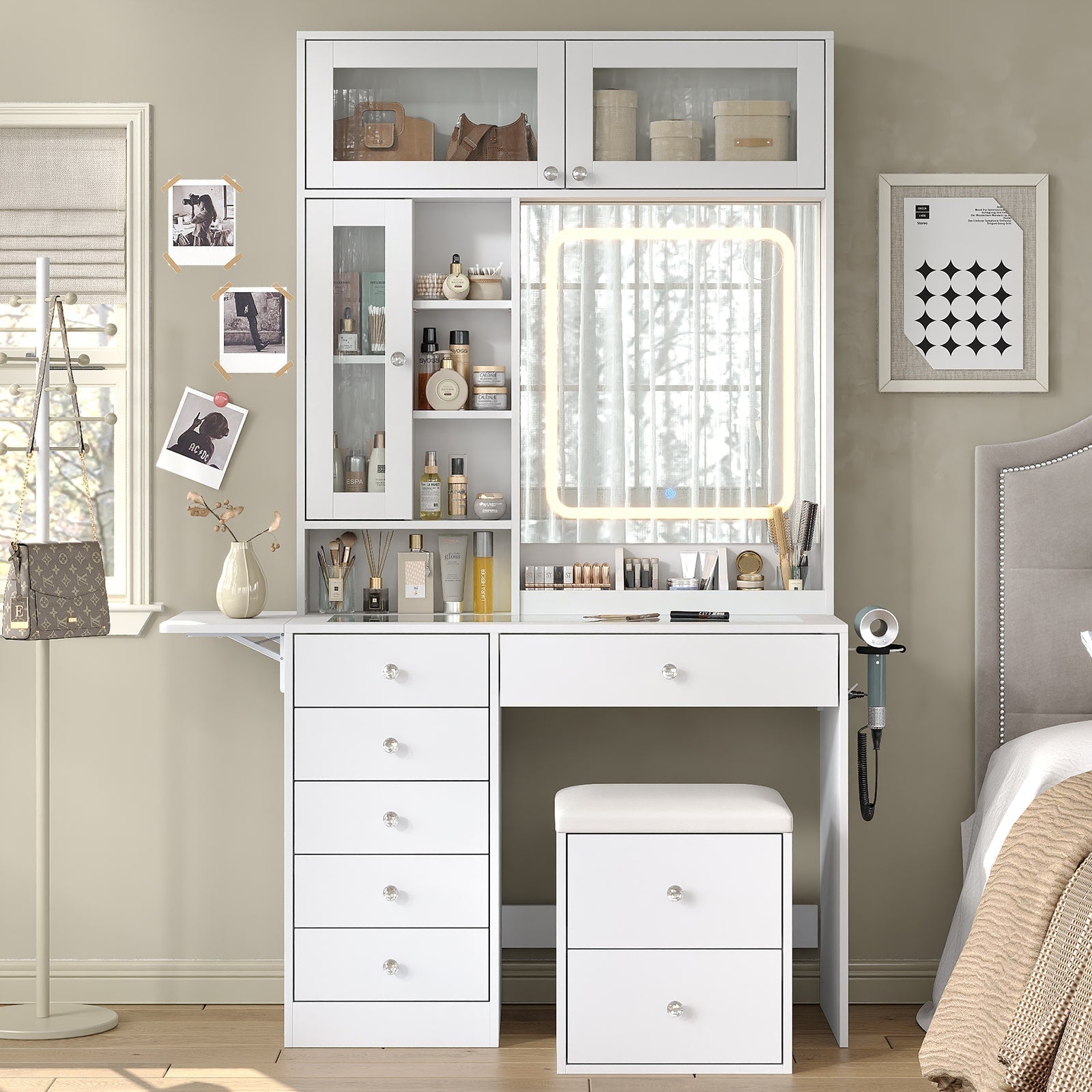 Vektaya US-VD022 Vanity Desk with Mirror, Lights, Drawers, Stool, White-2