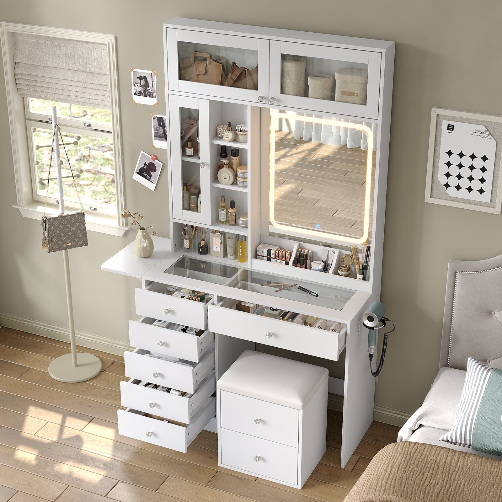 Vektaya US-VD022 Vanity Desk with Mirror, Lights, Drawers, Stool, White-3