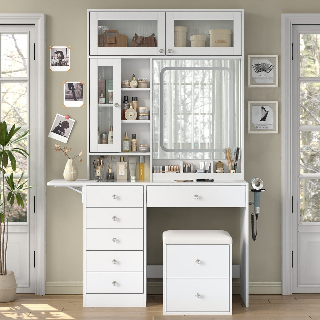 Vektaya US-VD022 Vanity Desk with Mirror, Lights, Drawers, Stool, White-4